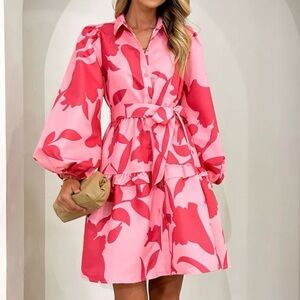 YH & CO Pink & Red Print Belted Shirt Dress